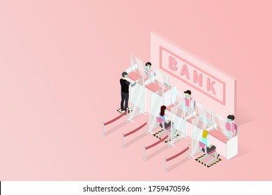 New normal isometric, Signs social distancing queues of people line at the bank counter, people wear face shield and face mask, Installing Plexiglas guards or sneeze guards to combat COVID-19.