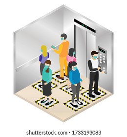 New normal isometric, Social distancing with floor signs inside elevator for protect pandemic of virus Covid-19, COVID-19 Quarantine. Pandemic Coronavirus Reducing risk of infection.