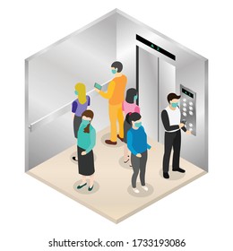 New normal isometric, Social distancing inside elevator for protect pandemic of virus Covid-19, COVID-19 Quarantine. Pandemic Coronavirus Reducing risk of infection.