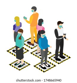 New normal isometric, Social distancing with floor signs inside elevator for protect pandemic of virus Covid-19, COVID-19 Quarantine. Pandemic Coronavirus Reducing risk of infection.