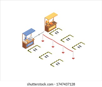 New normal isometrics with floor markings to keep a safe distance when shopping. to protect from the Covid-19 virus. Pandemic Coronavirus Reduces the risk of infection. vector illustration