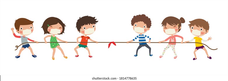 New normal, Kids playing tug of war, Children pull the rope, vector, illustration, Isolated on white background