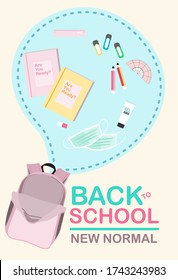 New normal kit for back to school.Pink backpack with text “Back to school , new normal and stationery on pastel background.