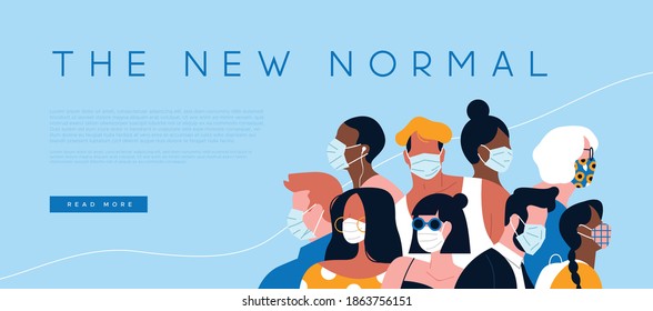 Die neue normale Landing-Webseite Vorlage Illustration. Verschiedene Menschen füllen sich mit Gesichtsmasken für das Konzept der Koronavirus-Information oder das Design der Gesundheitssicherheit. Mehrfach flache Cartoon-Zeichengruppe.