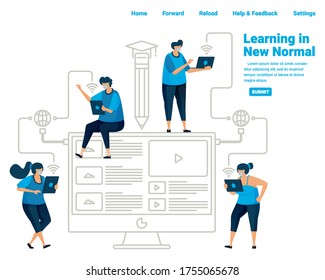 New normal learning for students in the pvidemic covid 19. Utilizing technology and internet connection for learning. Illustration design of landing page, website, mobile apps, poster, flyer, banner