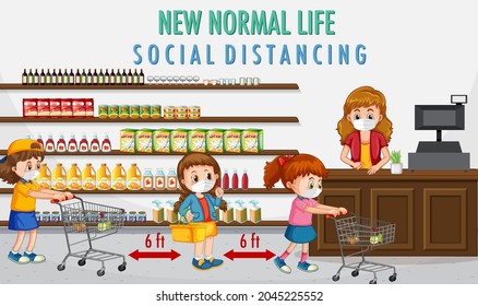 New Normal Life with children going grocery shopping illustration