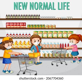 Nueva vida normal con niños empujando la ilustración del carro de la compra
