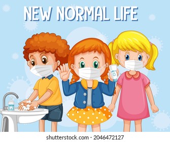 New Normal Life with Children wearing masks illustration