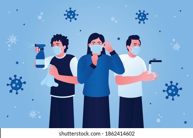 New normal life. Concept of people fighting corona virus. Group of people wash their hands wear protective masks and disinfect.