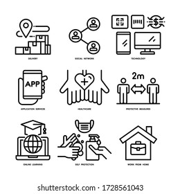 New normal life concept,delivery,socialmedia,technology,application services,healthcare, protective measures,online learning,self protection and work from home icons set. Isolate on white background.