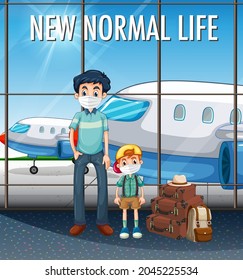 New Normal Life with happy family ready to travel at the airport illustration