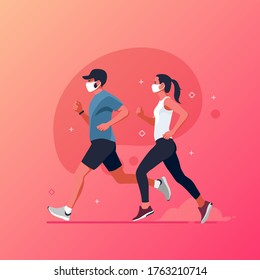 New normal life, man and woman running with wearing mask