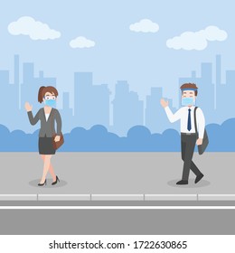 New normal life People in business casual outfits greeting wearing a surgical protective Medical mask and face shield for prevent coronavirus walking For Work, Health care concept.