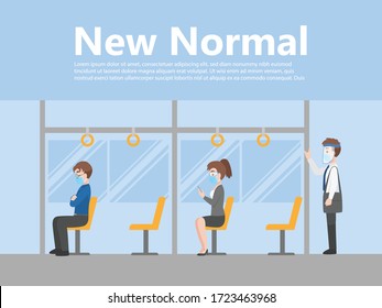 New normal life People in business casual outfits social distancing wearing a surgical protective Medical mask and face shield for prevent coronavirus standing on the bus going to work, Health care co