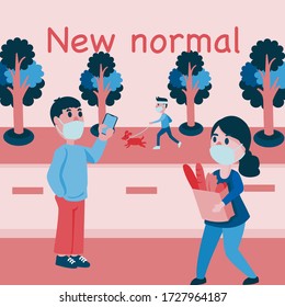 New normal life People social distancing wearing a surgical protective Medical mask for prevent coronavirus walking for shopping and exercises.Health care concept. Flat vector illustration.