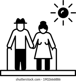 New Normal Life Sign, Old age Couple Vector glyph Icon Design, Public Places reopen after Pandemic over concept, End of Coronavirus symbol on white background, 