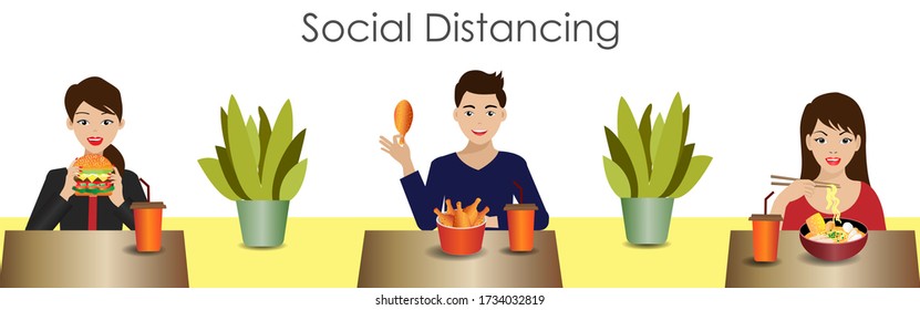 New normal life in social distancing concept. Man and women having lunch in separate table, keeping distance to protect from spreading of COVID-19 corona virus. Idea for COVID-19 outbreak prevention.