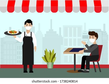 New normal life in social distancing during COVID-19 pandemic. Waiter in restaurant serving food to customer,wearing face mask, keeping distance to protect from COVID-19 coronavirus spreading. 