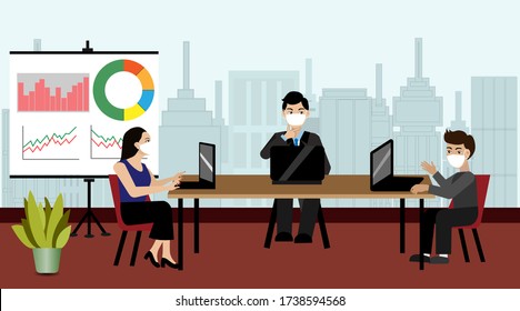 New Normal Life Of Social Distancing In Office During COVID-19 Pandemic. Businessman And Woman Meeting In Modern Office,wearing Face Mask,keep Distance To Protect From COVID-19 Coronavirus.