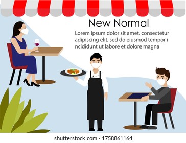 New normal life in social distancing during COVID-19 pandemic. Waiter in restaurant serving food to customer,wearing face mask, keeping distance to protect from COVID-19 coronavirus spreading. 