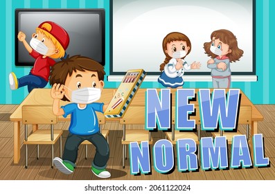 New normal life with students wearing face mask in the classroom illustration