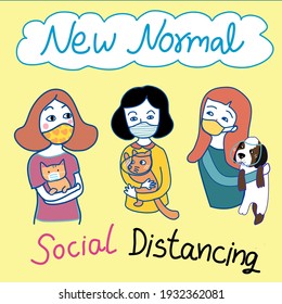 new normal life style of cat and dog lover .3 girls wearing face masks and holding their cat and dog with face mask and face shield to keep socail distancing in covid-19  hand drawn cartoon vector