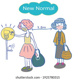new normal life style . two woman standing to keep social distancing and one woman checking her temperature before enter the shopping mall. both wear face mask in covid-19 hand drawn cartoon vector
