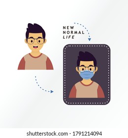 	
Nueva ilustración del vector de vida normal. Icono de avatar con máscara médica mide la protección contra virus extendidos, la prevención de la seguridad.