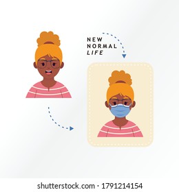 	
New normal life vector illustration. Avatar icon wearing medical mask measure protection from spread virus, prevention safety.