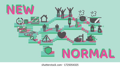 New normal lifestye concept. After Outbreak . After the Coronavirus or Covid-19 causing the way of life of humans to change to new normal.Set of isometric design modern elements on green background.