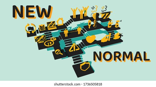 New normal lifestye concept. After Outbreak . After the Coronavirus or Covid-19 causing the way of life of humans to change to new normal.Set of isometric design modern elements on Pastel background.