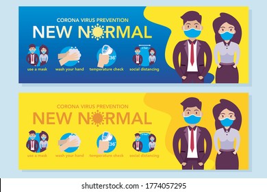 New normal lifestyle after from covid-19 period. new normal behaviors,wash hands,wear a mask,Health care.Vector lifestye and social distancing concept. new normal banner