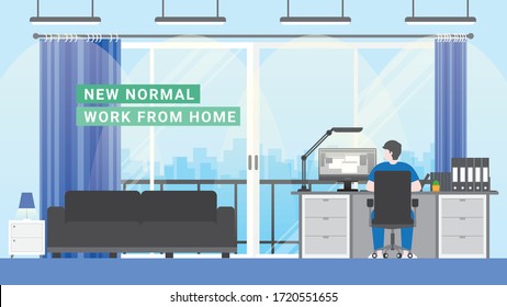 New normal lifestyle after pandemic covid-19 corona virus is work from home. Man working on computer in his condominium. flat style design concept