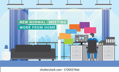 New normal lifestyle after pandemic covid-19 corona virus is work from home. Man meeting video conference by computer in his condominium. flat style design concept