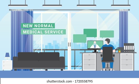 New Normal Lifestyle After Pandemic Covid-19 Corona Virus Is Work From Home. Man Consulting Doctor On Computer For Medical Service In His Condominium. Flat Style Design Concept