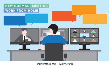 New normal lifestyle after pandemic covid-19 corona virus is work from home. Man meeting by video conference. Using computer for chatting and working. Flat style design concept.