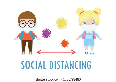 new normal lifestyle for Back to school, happy cute children wearing face mask and social distancing protect coronavirus 2019 nCoV or covid-19 illustration vector