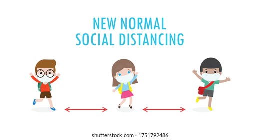 new normal lifestyle for Back to school, happy cute children wearing face mask and social distancing protect coronavirus 2019 nCoV or covid-19 illustration vector