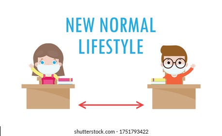 new normal lifestyle for Back to school in class room , social distancing Concept, coronavirus 2019 nCoV.little boy and girl wearing mask Sitting on the desk in classroom illustration vector