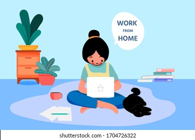 New normal lifestyle and behavior concept,After outbreak,After COVID-19 or coronavirus causing the way of life of humans to change,Pink cheek character are working on floor With cats near,Rosy cheek