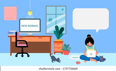New normal lifestyle and behavior concept,After outbreak,After COVID-19 or coronavirus causing the way of life of humans to change,Pink cheek character are working on floor With cats near,Rosy cheek