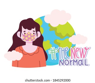 new normal lifestyle, cartoon girl with protective mask and world vector illustration