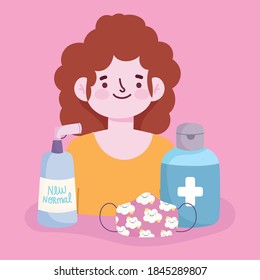 new normal lifestyle, cartoon woman with mask alcohol and gel vector illustration