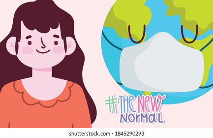 new normal lifestyle, cartoon woman and world with mask vector illustration