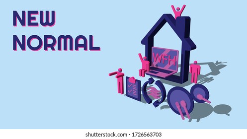 New normal lifestyle concept. After Outbreak . After the Coronavirus or Covid-19 causing the way of life of humans to change to new normal.Set of isometric design modern elements on blue background.