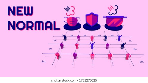 New Normal Lifestyle Concept. After Outbreak . After The Coronavirus Or Covid-19 Causing The Way Of Life Of Humans To Change To New Normal. Set Of Isometric Design Modern Elements On Pink Background.