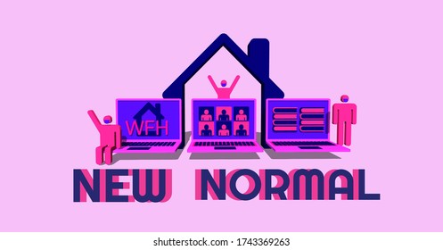 New Normal Lifestyle Concept. After Outbreak . After The Coronavirus Or Covid-19 Causing The Way Of Life Of Humans To Change To New Normal.Set Of Isometric Design Modern Elements On Pink Background.