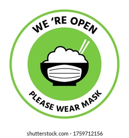 New normal lifestyle concept, After coronavirus outbreak/pandemic, Vector of door sign, we're open please wear mask, Reopening end of covid, sign for restaurant business