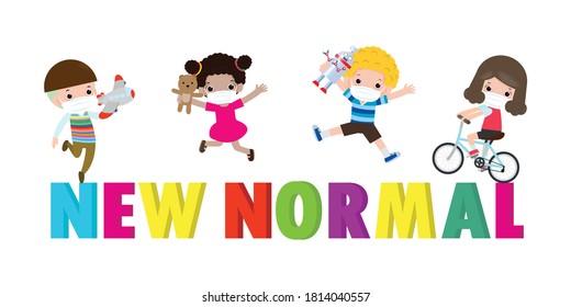 New normal lifestyle concept After Coronavirus outbreak, kids with toys wearing medical masks and social distancing. Character cartoons isolated on white background, vector illustration design