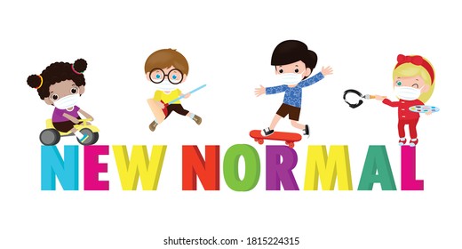 New normal lifestyle concept After Coronavirus outbreak, kids with toys wearing medical masks and social distancing. Character cartoons isolated on white background, vector illustration design